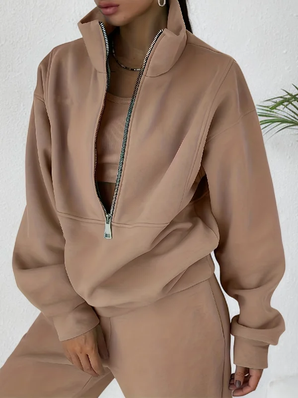 Chic Womens Two-piece Set - Zippered Hoodie & Solid Joggers - Comfortable Casual Ensemble for Everyday Style Hoodie with Cuffed Sleeves Snug Secure