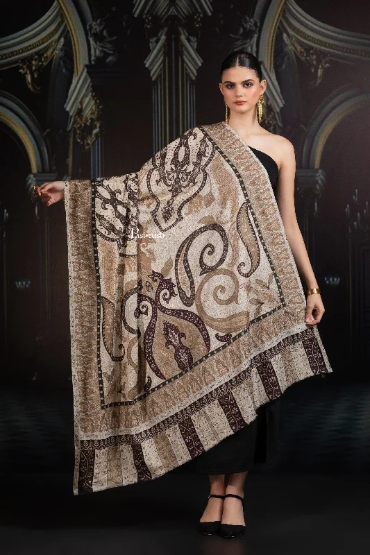 Pashtush Womens Extra Fine Wool Shawl, Hand Embroidered Kalamkari Design, Earthy Neutrals Chic Knitted Shawl Wrap