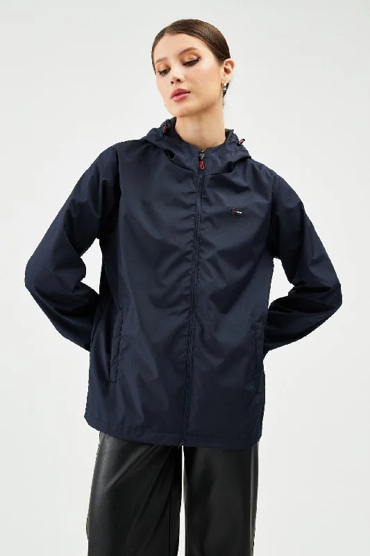 Women's Navy Blue Inner Lined Waterproof Hooded Raincoat with Pocket - Windbreaker Jacket Mesh Jacket Canvas Jacket Denim Jacket