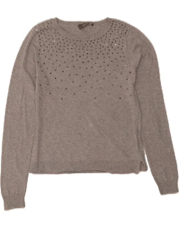 OASIS Womens Crop Boat Neck Jumper Sweater UK 6 XS Grey Cotton Herringbone Houndstooth Plaid
