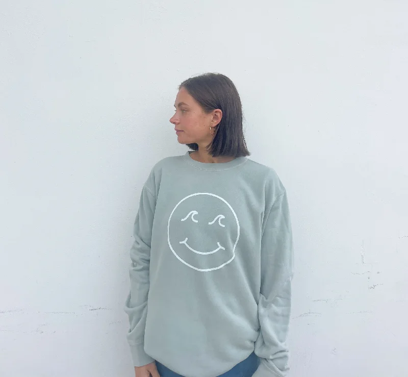 Gypsy Life Surf Shop - Smiley Face Pigment Dyed Crew Neck Sweatshirt - Sage Hoodie with V-Neck Classic Versatile