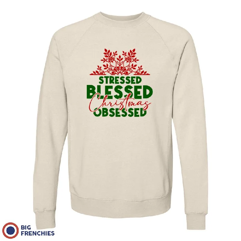 Stressed Blessed Christmas Obsessed Unisex Organic Cotton Sweatshirt Hoodie with Frayed Bohemian Relaxed