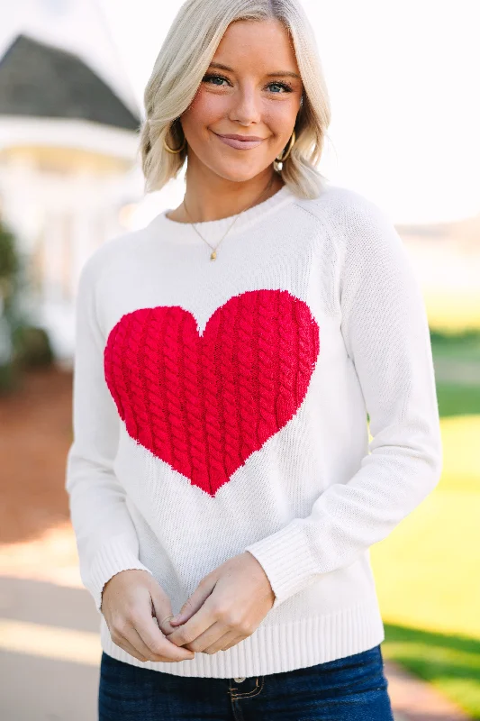All For Love Ivory and Red Heart Sweater Beaded Sweater Sequined Faux Fur