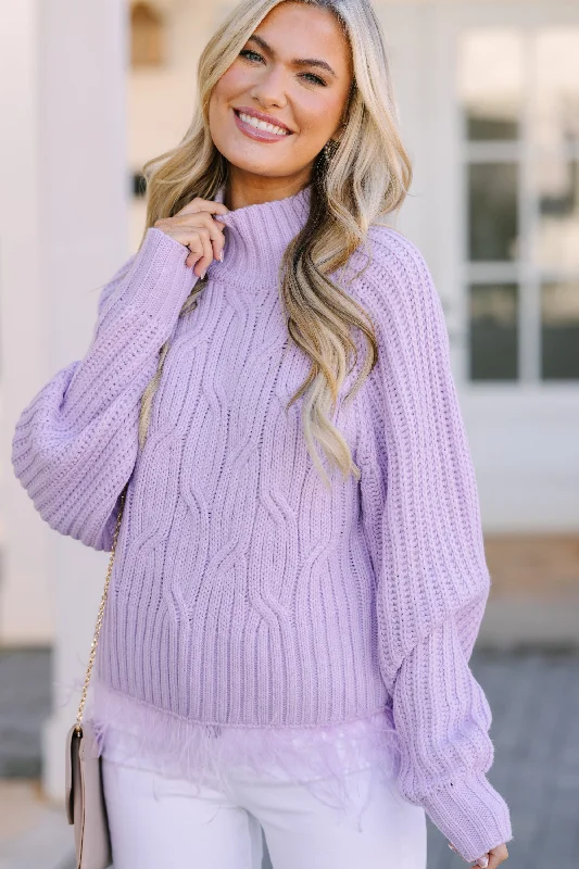 What's Going On Lavendar Purple Feather Trim Sweater Turtle Neck Boat Neck Asymmetrical Neck What's Going On Lavendar Purple Feather Trim Sweater Turtle Neck Boat Neck Asymmetrical Neck