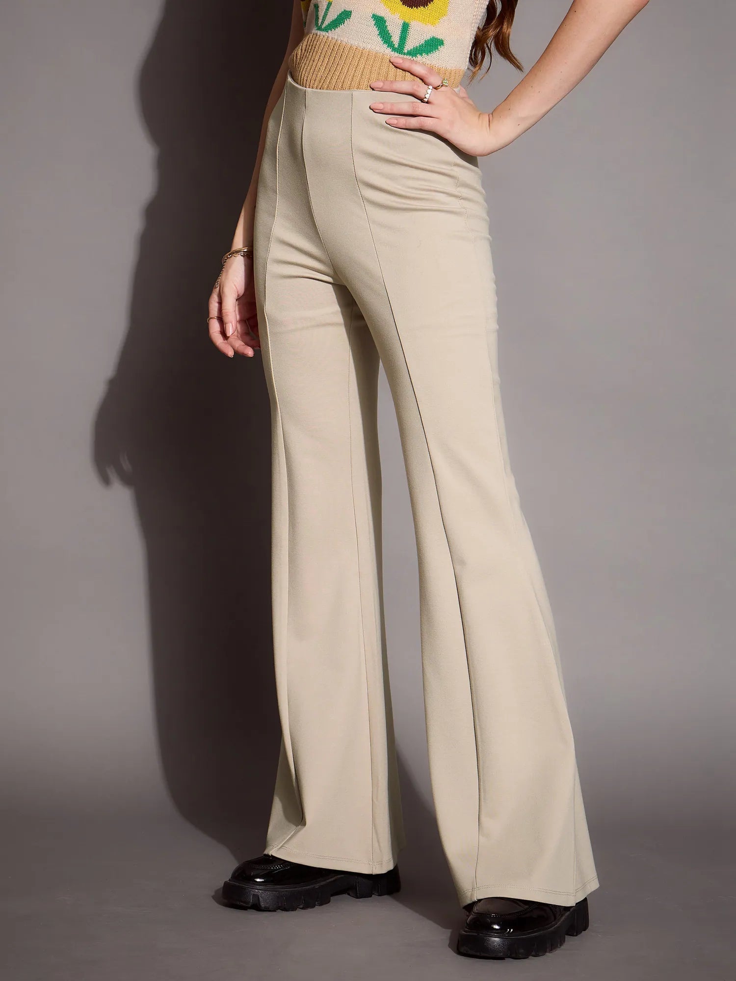 Women Beige Bootcut Flared High-Rise Trousers-SFPANT50877 Trousers Favorite Customer