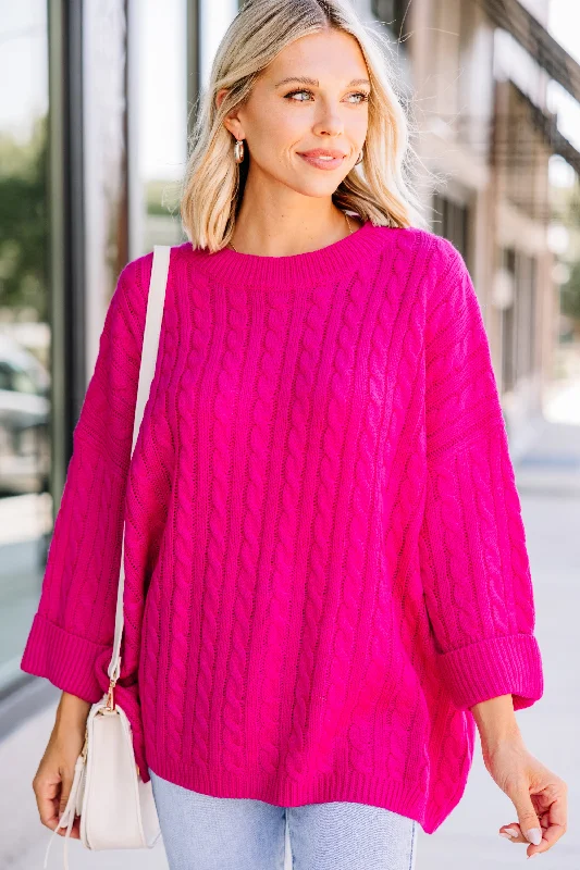 Rare Love Fuchsia Pink Cable Knit Sweater Beaded Sweater Sequined Faux Fur
