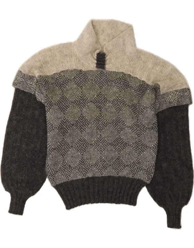 VINTAGE Womens Turtle Neck Jumper Sweater IT 42 Medium Grey Colourblock Graphic Sweater Embroidered Appliqued