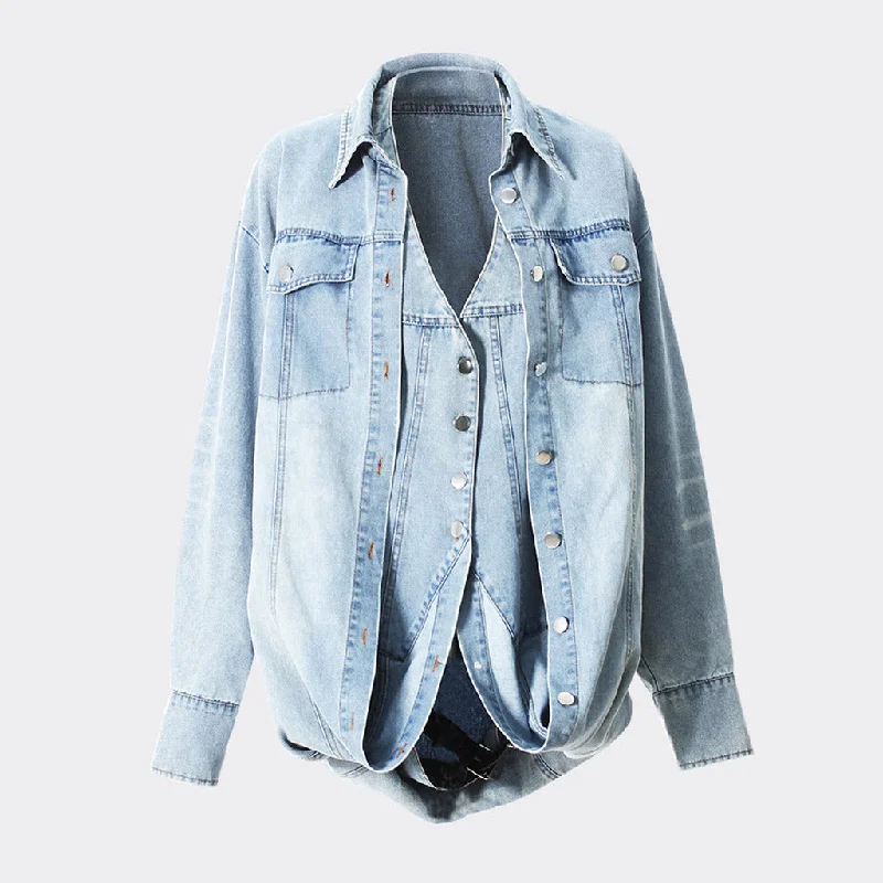 Deconstructed Layer Reversible Button Up Strap Backless Denim Vest Jacket Fleece Jacket Down Jacket Feather Jacket