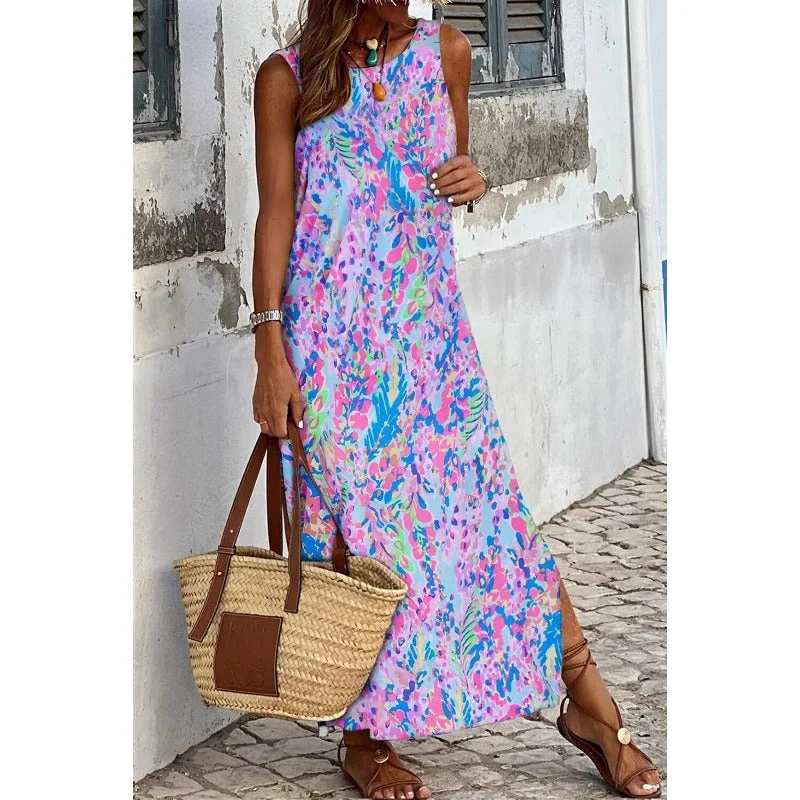 Wholesale Printed Sleeveless Round Neck Pullover Ankle Length Maxi Dress Saggy Sleeve Comfort Wholesale Printed Sleeveless Round Neck Pullover Ankle Length Maxi Dress Saggy Sleeve Comfort
