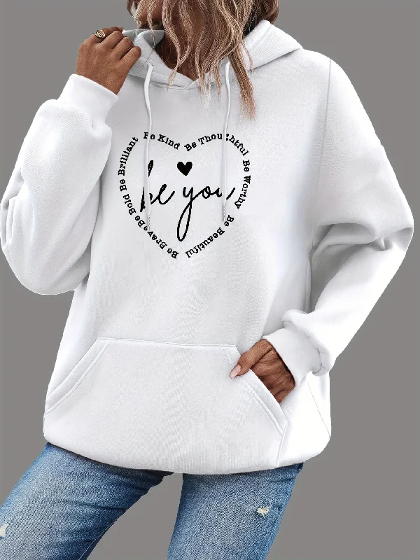 Heart & Letter Print Drawstring Hoodie - Cozy Casual Long Sleeve Hooded Sweatshirt with Adjustable Drawstring, Soft Brushed Fabric, and Relaxed Fit - Women's Comfortable Clothing for Daily Wear Hoodie with Elastic Waist Stretchable Comfortable