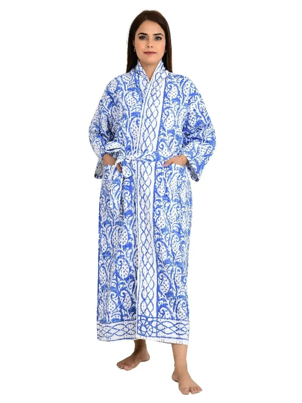 Kantha Stitch 100% Cotton Reversible Long Kimono Women Jacket | Handmade Stitch Robe | Unisex Gift | White Blue Leaf Print Front Pockets Side Pockets Patch Pockets