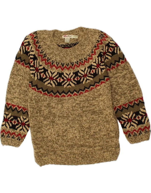 EDDIE BAUER Womens Crew Neck Jumper Sweater UK 10 Small  Beige Fair Isle Boat Neck Shawl Collar Notched Collar