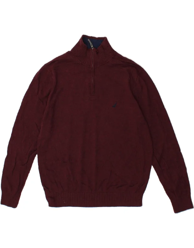 NAUTICA Womens Zip Neck Jumper Sweater UK 16 Large Burgundy Cotton Turtle Neck Boat Neck Asymmetrical Neck