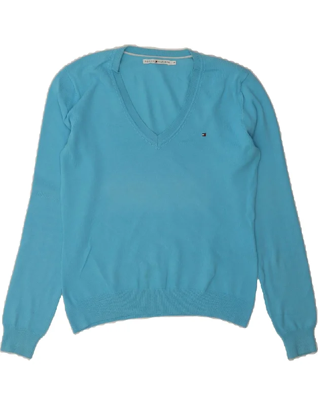 TOMMY HILFIGER Womens V-Neck Jumper Sweater UK 14 Medium Blue Cotton Silk Blend Satin Velvet