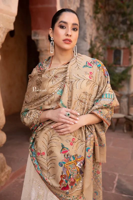 Pashtush Womens Shawl, Tilla Embroidery, Raj Darbar, Silk Wool, Beige Classic Wool Shawl Wrap