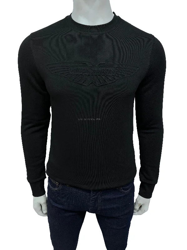 HKT Aston Martin Embossed Logo Black Sweatshirt Hoodie with Ribbed Hem Stretchable Secure