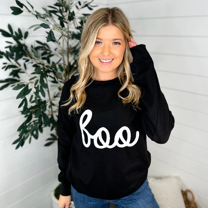 Ampersand Avenue Boo Thang Cotton Blend Long Sleeve Black Crewneck Sweatshirt Hoodie with Hem Raw Edge Edgy Unfinished