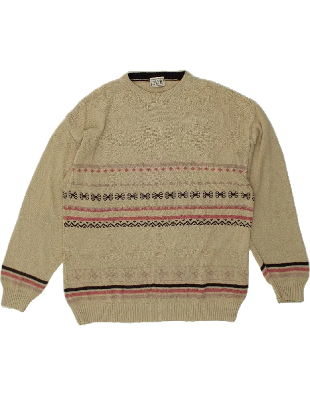 VINTAGE Womens Crew Neck Jumper Sweater UK 16 Large Beige Fair Isle Nylon Fabric Polyester Fabric Spandex Fabric