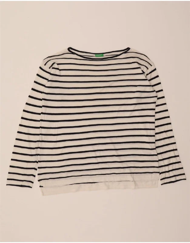 BENETTON Womens Boat Neck Jumper Sweater UK 14 Medium White Striped Cotton Casual Formal Business