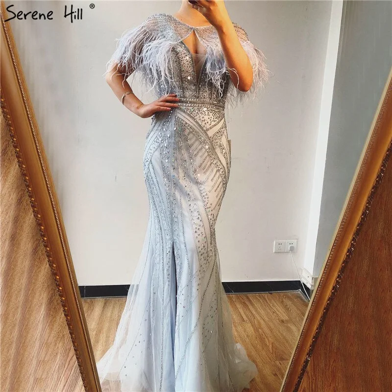 On Sale no return no refundSale Silver Feathers Shawl Yarn Sexy Evening Dresses 2024 Dubai Mermaid V-Neck Beading Diamond Formal Dress Serene Hill LA70355 Cozy Fleece Shawl Cape
