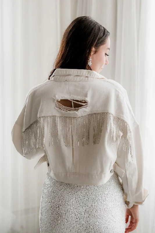 White Distressed Jean Jacket with Rhinestone Fringe Denim Jacket Leather Jacket Suede Jacket