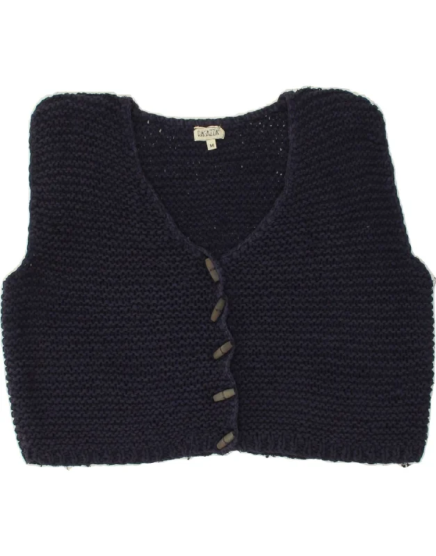 VINTAGE Womens Crop Sleeveless Cardigan Sweater UK 14 Medium Navy Blue Spandex Blend Rayon Blend Denim Blend