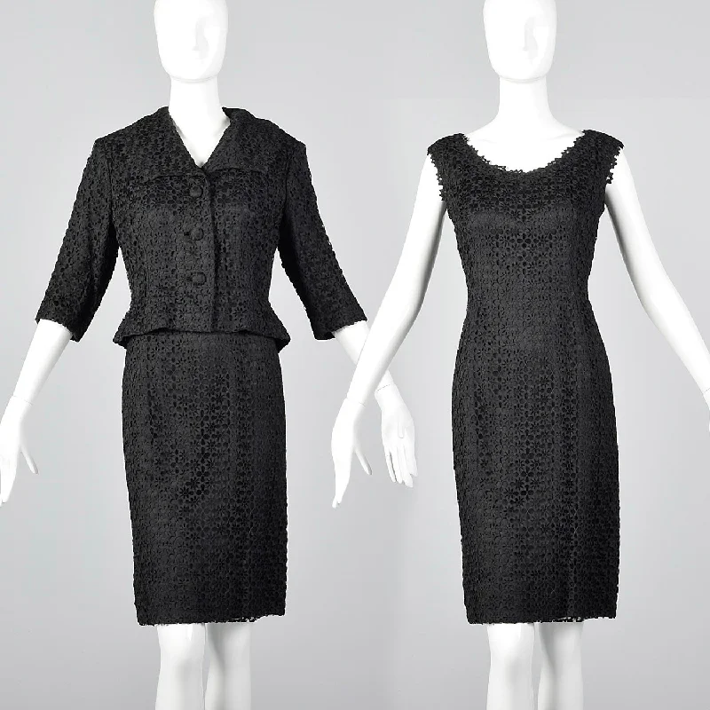 1950s Black Dress and Jacket Set in Hand Loomed Spiderweb Lace Knit Jacket Woven Jacket Fleece Jacket 1950s Black Dress and Jacket Set in Hand Loomed Spiderweb Lace Knit Jacket Woven Jacket Fleece Jacket