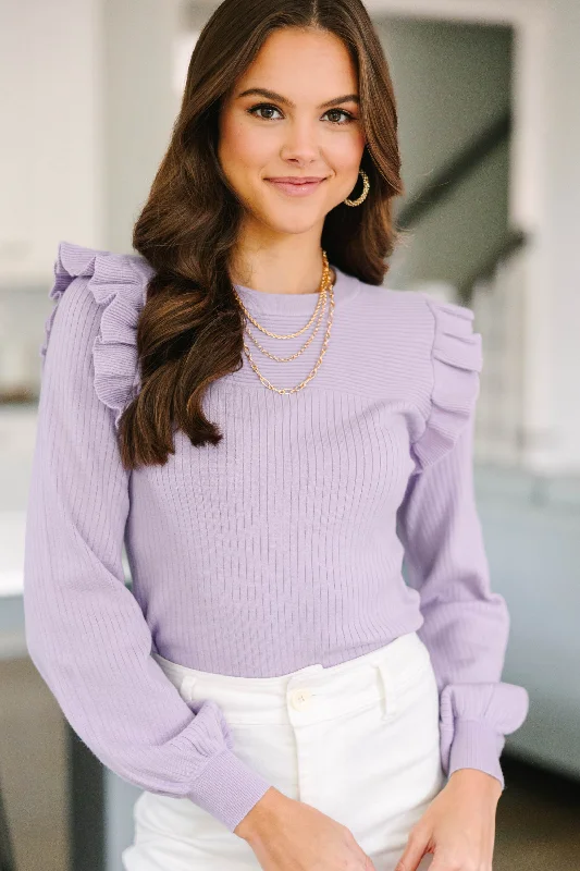 Reach Out Lavender Purple Ruffled Sweater Mesh Sweater Canvas Denim