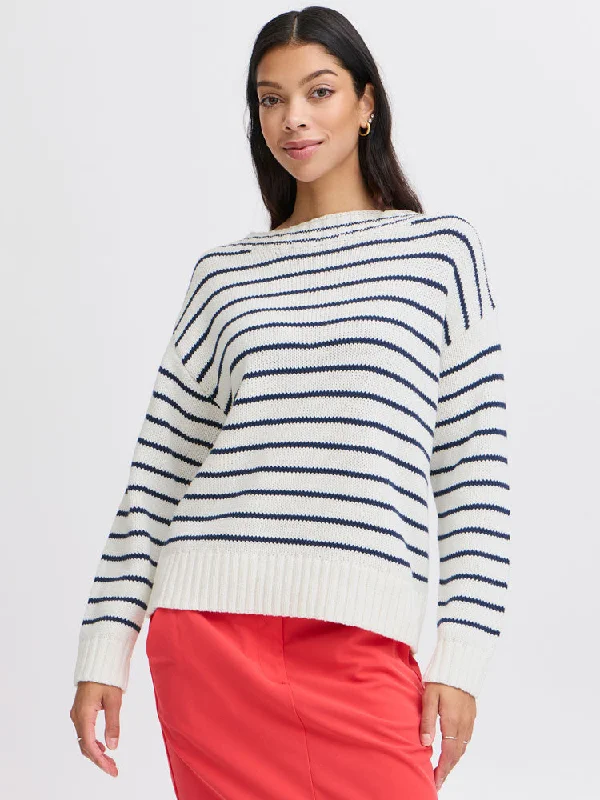 B Young ByNagla Striped Jumper Marshmallow Mix Notch Collar Peter Pan Collar Cowl Neck