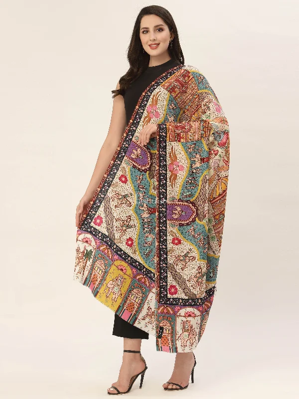 Pashtush Womens, Pure Wool, Printed Darbar Shawl, Woolmark Certified. Luxurious Silk Shawl Cape