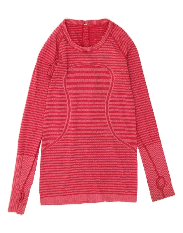 LULULEMON Womens Boat Neck Jumper Sweater UK 4 XS Pink Striped Collared Crew Neck Turtle Neck