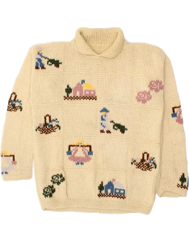 VINTAGE Womens Graphic Polo Neck Jumper Sweater UK 16 Large Beige Stretchy Elastic Breathable