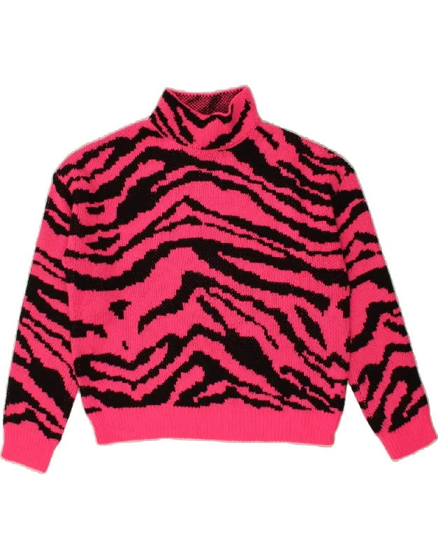 SHEIN Womens Crop Turtle Neck Jumper Sweater UK 10 Small Pink Animal Print Satin Blend Silk Blend Wool Blend