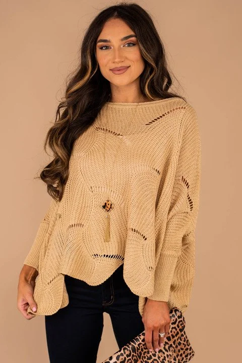 Happy With You Beige Brown Loose Knit Sweater Open Front Closed Front Wrap Front