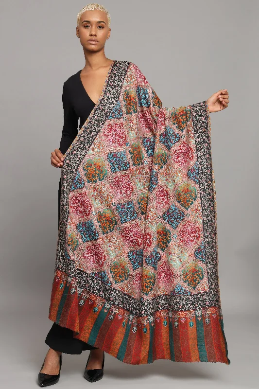 Pashtush Womens Extra Fine Wool Shawl, Kalamkari Embroidery, Nalki Jama Design, Multicolour Elegant Long Shawl Scarf