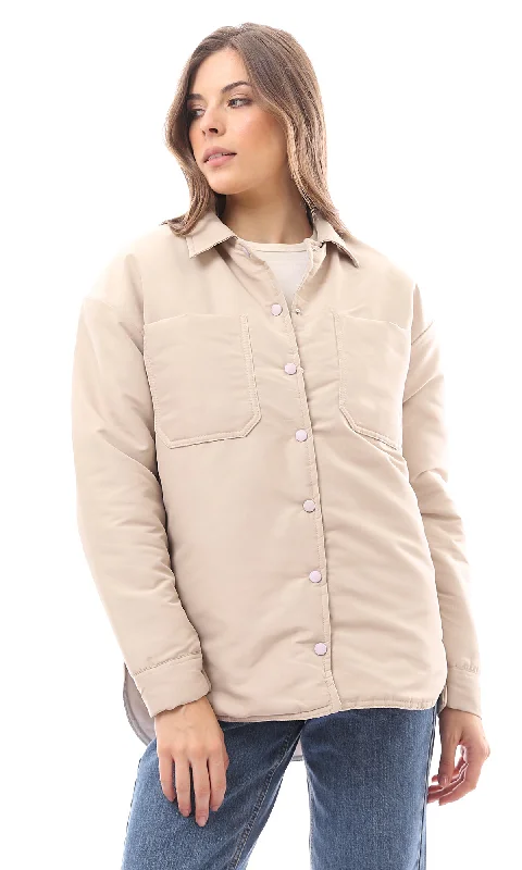 O170782 Long Sleeves Coziness Beige Puffer Jacket Zip Front Button Front Snap Front