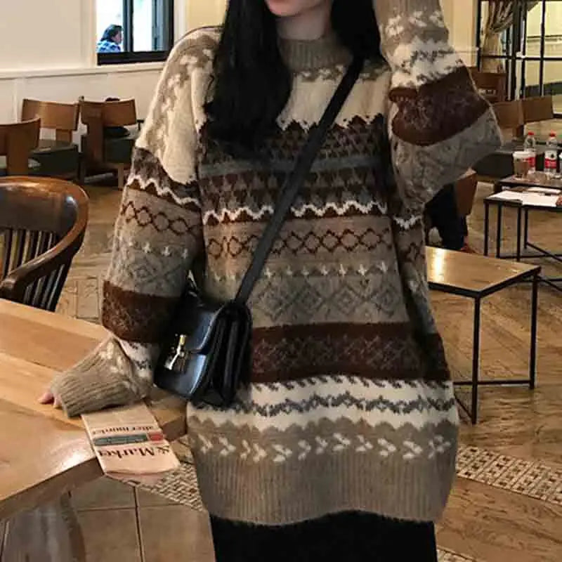 Advbridge Winter Autumn Vintage Striped Knitted Sweaters Women Korean Fashion Long Sleeve Pullover Loose Oversize Sweater 2024 Port Neck Pullover Advbridge Winter Autumn Vintage Striped Knitted Sweaters Women Korean Fashion Long Sleeve Pullover Loose Oversize Sweater 2024 Port Neck Pullover