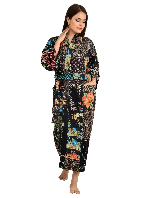 Kantha Stitch 100% Cotton Reversible Long Kimono Women Jacket | Handmade Stitch Robe | Unisex Gift | Black Patchwork Print A-Line Jacket Boat Neck Shawl Collar