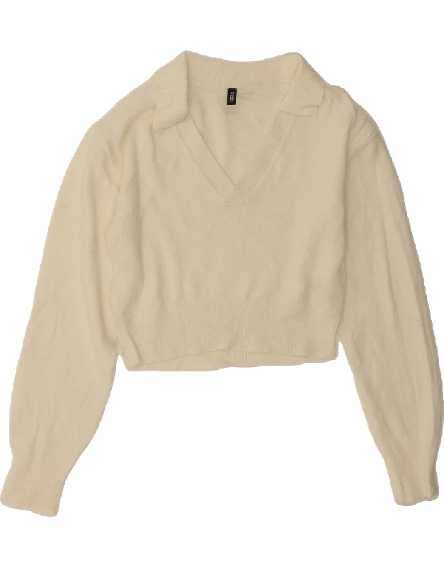 H&M Womens Crop Polo Neck Jumper Sweater UK 10 Small Beige Acrylic Polka Dot Checkered Tartan