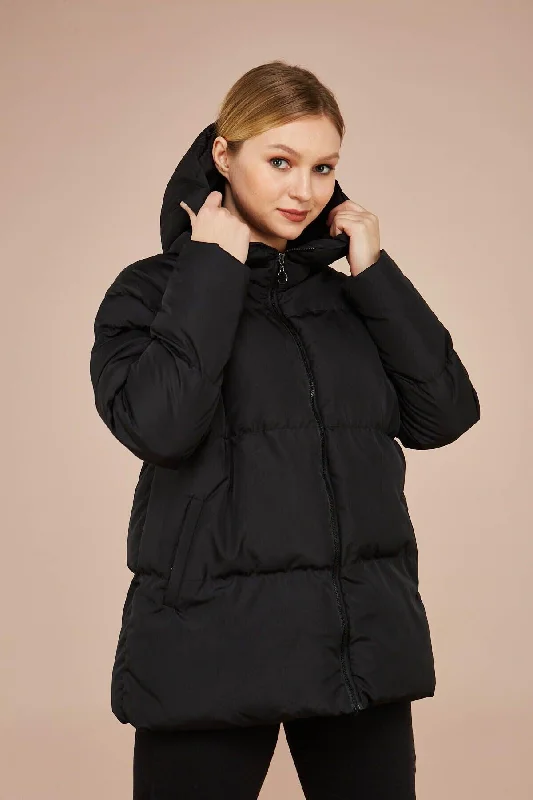 Women's Black Hooded Down Jacket Welt Pockets Slit Pockets Flap Pockets