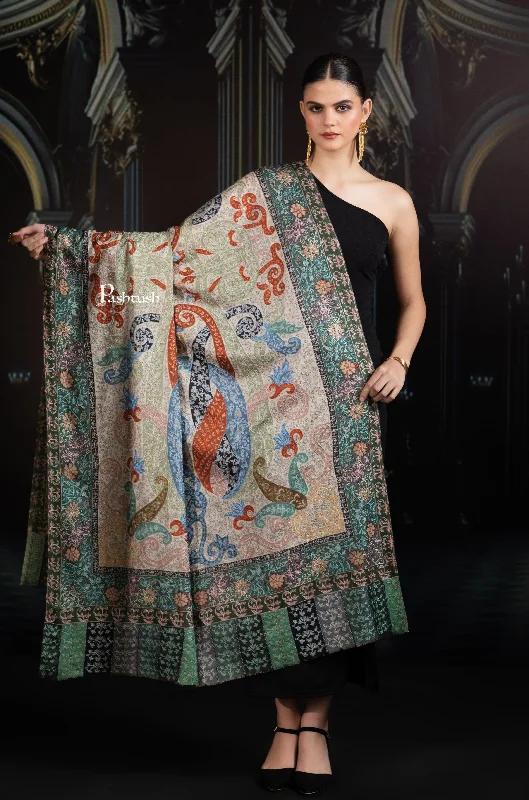 Pashtush Womens Extra Fine Wool Shawl, Hand Embroidered Kalamkari Design, Light Pastels Classic Shawl with Tassels