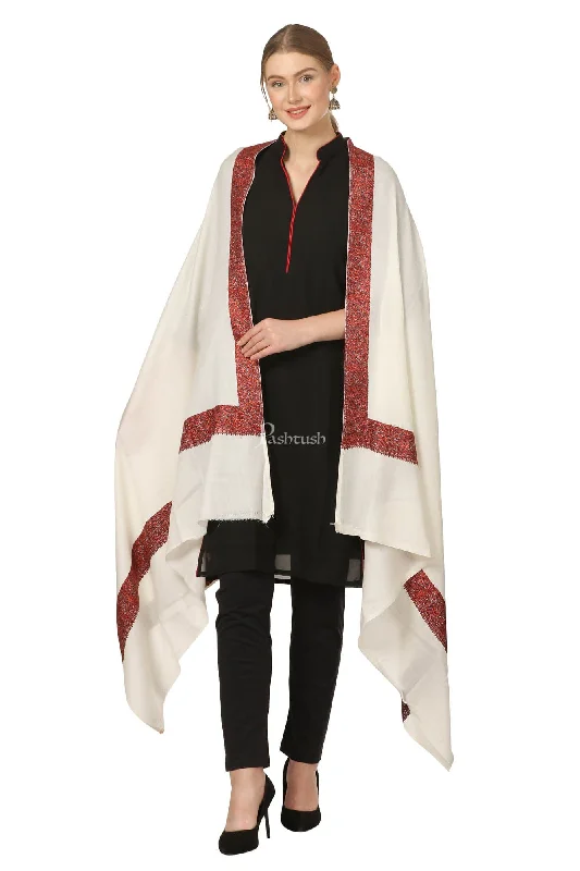 Pashtush Womens Embroidery Shawl, Fine Wool Shawls, Ivory Warm Woolen Shawl Wrap