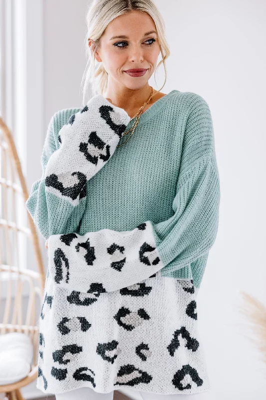 Watching You Go Mint Green Leopard Sweater Ribbed Striped Patterned