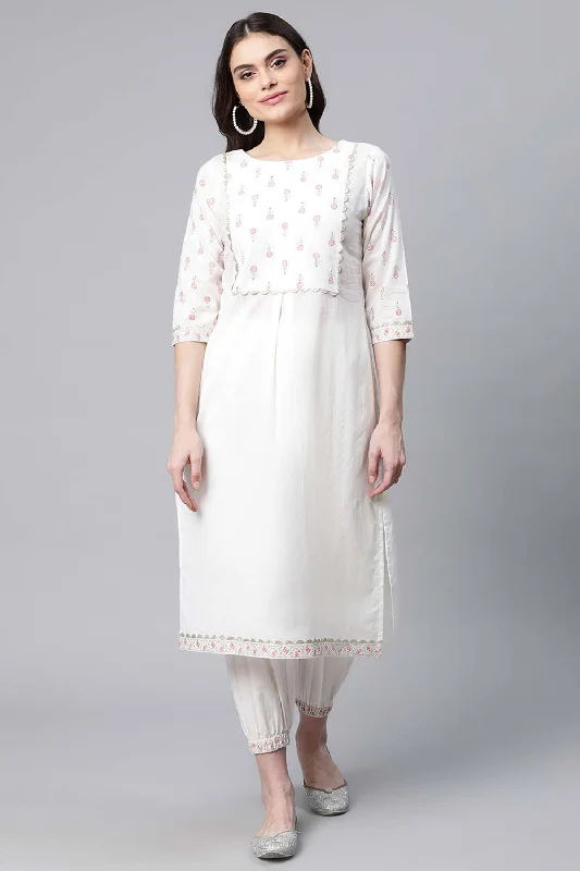 Off-white Pure Cotton Printed Floral Kurta With Trousers Trousers sophisticated sleek Off-white Pure Cotton Printed Floral Kurta With Trousers Trousers sophisticated sleek