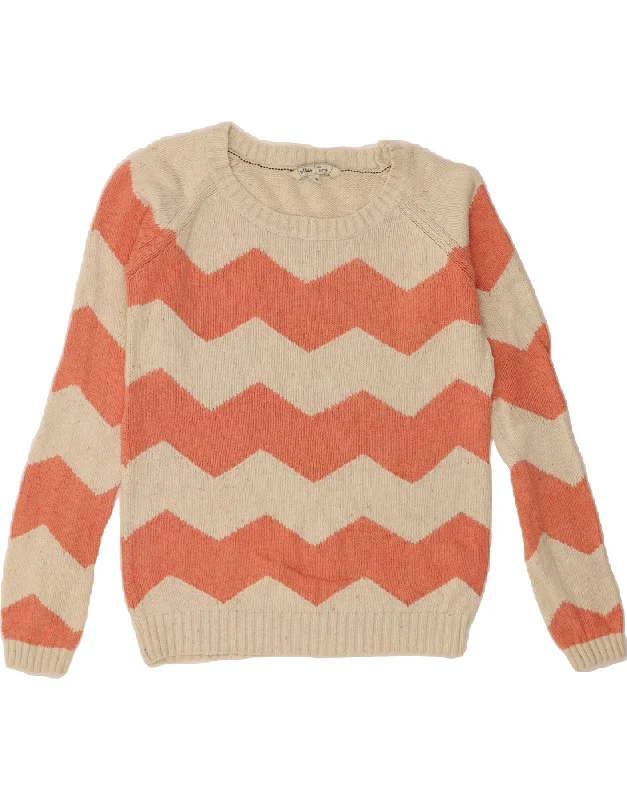 FAT FACE Womens Boat Neck Jumper Sweater UK 10 Small Beige Chevron Cotton Notch Collar Peter Pan Collar Cowl Neck