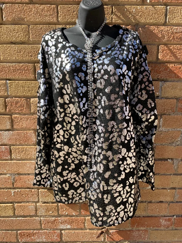 Black Metallic Leopard Sweatshirt Hoodie with Pocket Utility Practical