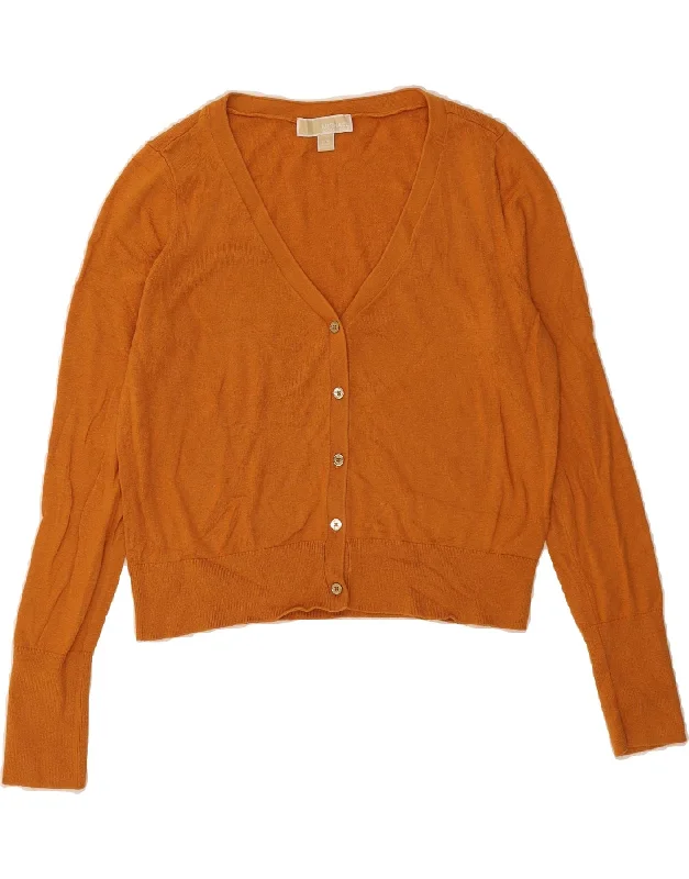MICHAEL KORS Womens Crop Cardigan Sweater UK 16 Large Brown Cotton Fitted Slim Tailored