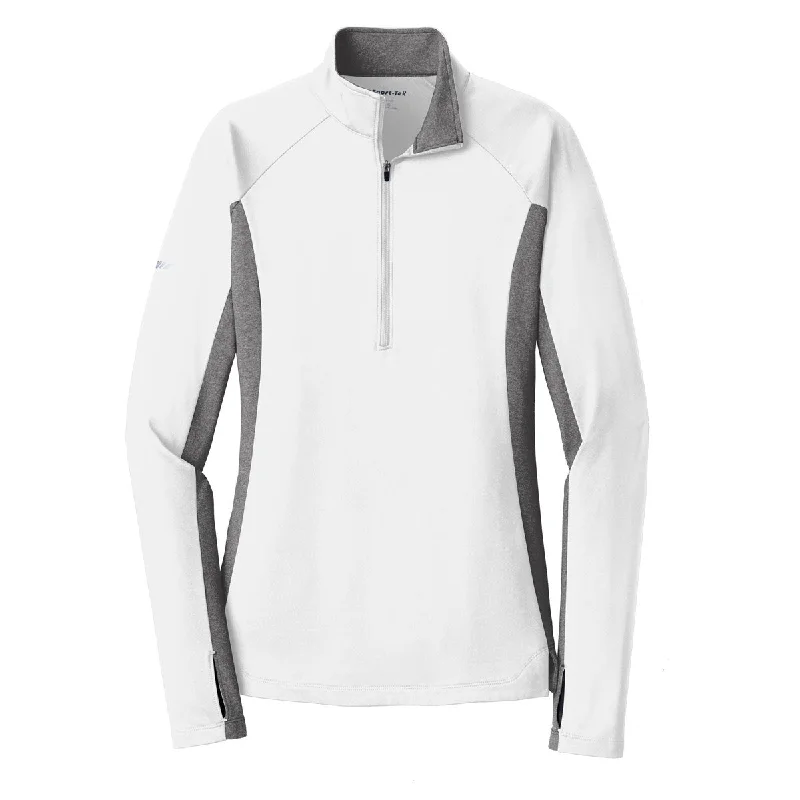 Sport-Tek Women's White/Charcoal Grey Heather Sport-Wick Stretch Contrast 1/2-Zip Pullover Three Quarter Sleeve Sport-Tek Women's White/Charcoal Grey Heather Sport-Wick Stretch Contrast 1/2-Zip Pullover Three Quarter Sleeve