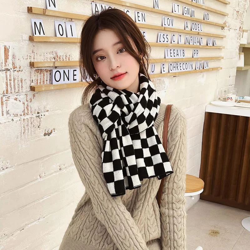 Sweet Warm Plaid Scarf Black and White Plaid Neck Shawl Fashionable Shawl with Fringe Sweet Warm Plaid Scarf Black and White Plaid Neck Shawl Fashionable Shawl with Fringe