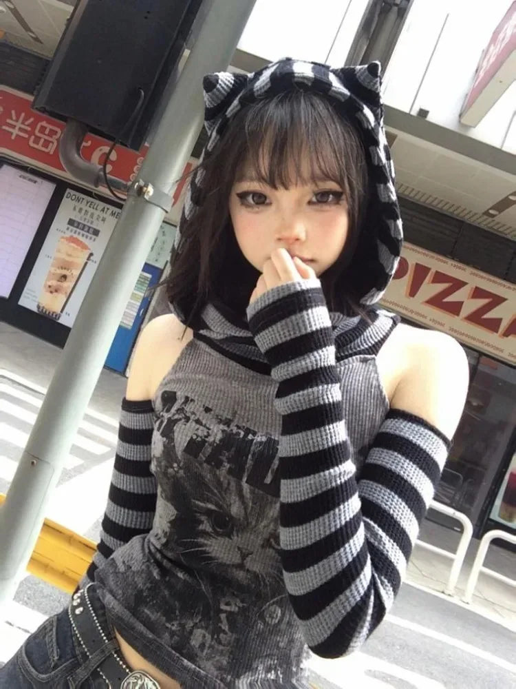 Lunivop Japanese Striped Patchwork Hoodie for Women Gothic Retro Cat Print Hollow Slimming Pullover Harajuku Style Dark Punk Top Hoodie with Logo Branding Identity